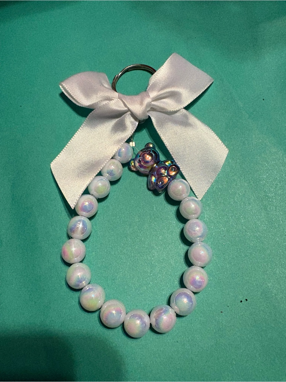 White Ribbon Pearl Bead Keychain for Kids